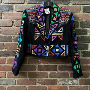 VTG 80s Denim Sequin Jacket Embellished Colorful Geometric -36 chest / 18” long